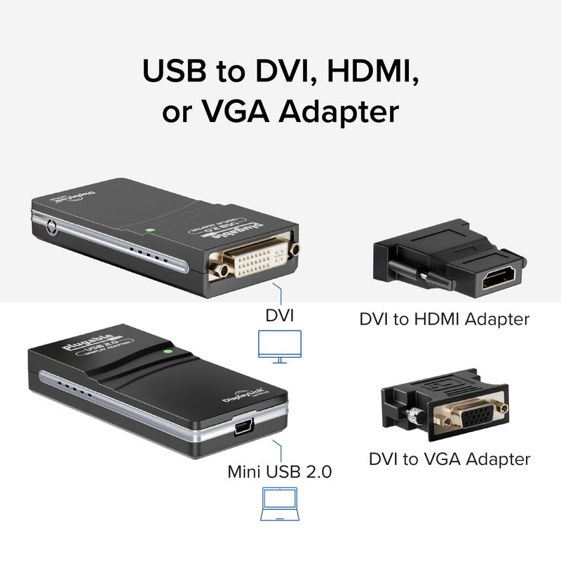 Plugable USB 2.0 to HDMI, DVI, or VGA I Multi-Monitor External Video Graphics Card Adapter up to 1920x1080 Supports Windows 11, 10, 8.1, 7, XP, Mac, and ChromeOS - Image 2